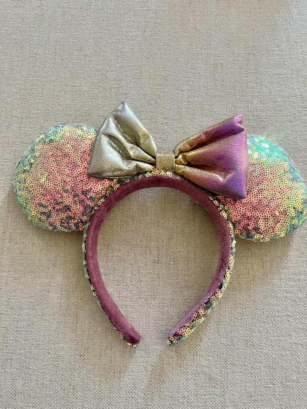 Disney Iridescent Sequin Mouse Ear Headband with Gold and Purple Bow